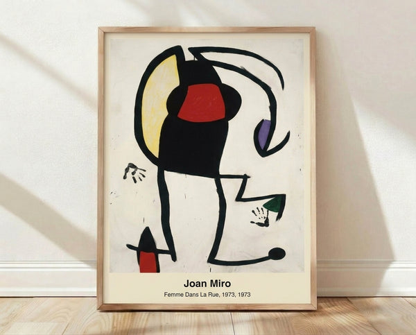 Surrealist abstract poster featuring a stylized female figure in bold red, blue, yellow, and black shapes against a white background, evoking a dreamlike street scene in modernist style.