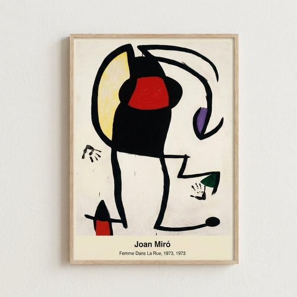 Whimsical abstract art print with playful geometric forms suggesting a woman, rendered in vibrant primary colors and black lines on white, capturing surrealist movement aesthetics.