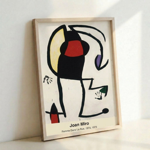 Framed abstract poster depicting a figure in motion through dynamic red, blue, and yellow shapes with black outlines, embodying surrealist dreamlike imagery in modernist composition.