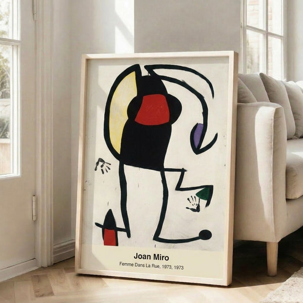 Abstract surrealist poster art with biomorphic forms and bold color blocking in reds, blues, yellows, and blacks creating a playful, whimsical interpretation of a street scene.