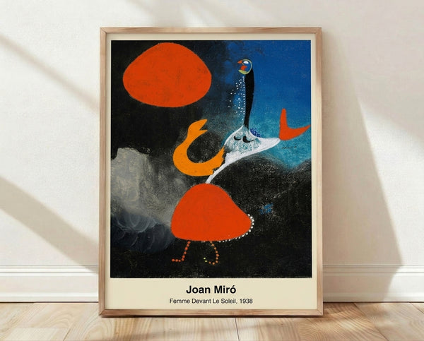 Abstract surrealist poster featuring a stylized female figure in red and black against a blazing yellow sun, rendered in bold geometric forms with blue accents on cream background.
