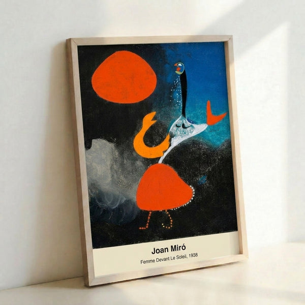 Surrealist wall art poster showing an abstracted figure in black and red silhouette facing a radiant yellow sun, evoking powerful emotional tension through bold color contrasts.
