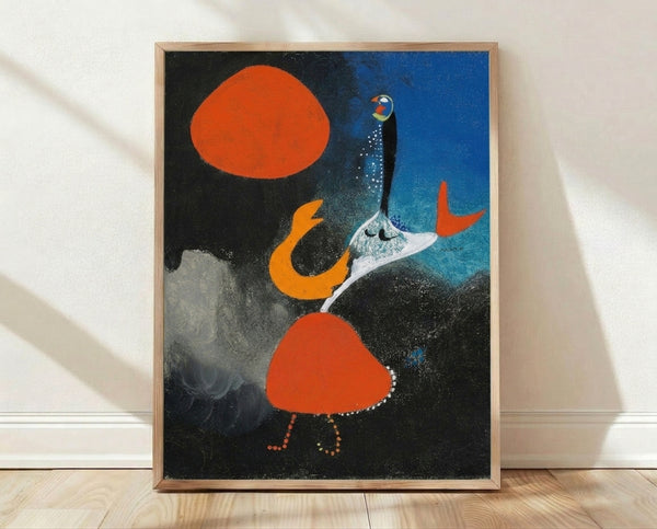 Abstract art print featuring a stylized female figure against a glowing sun, rendered in bold geometric shapes and muted earth tones with warm yellows and ochres.