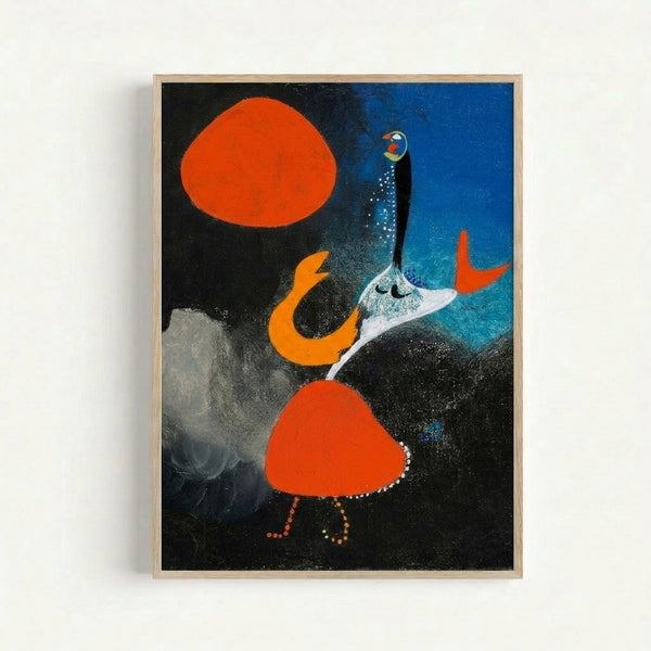 Modernist poster displaying an abstracted woman before a radiant orb, composed of organic curves and angular forms in cream, tan, and golden hues.