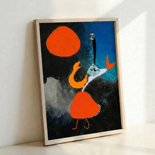 Minimalist framed artwork showing a simplified figure silhouetted against a luminous solar disc, executed in soft pastels and warm color harmonies.
