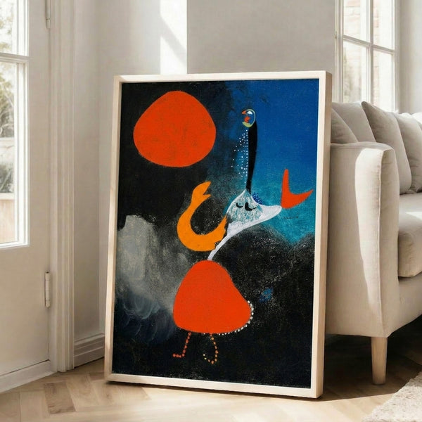 Contemporary abstract print with a seated or reclining woman positioned before an oversized sun motif, using restrained palette of beiges, ochres, and soft yellows.