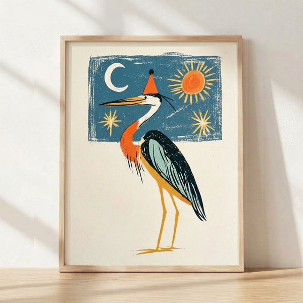 Whimsical retro folk art poster of a teal blue heron wearing a colorful party hat against a night sky with golden sun, moon, and stars in cream and black.