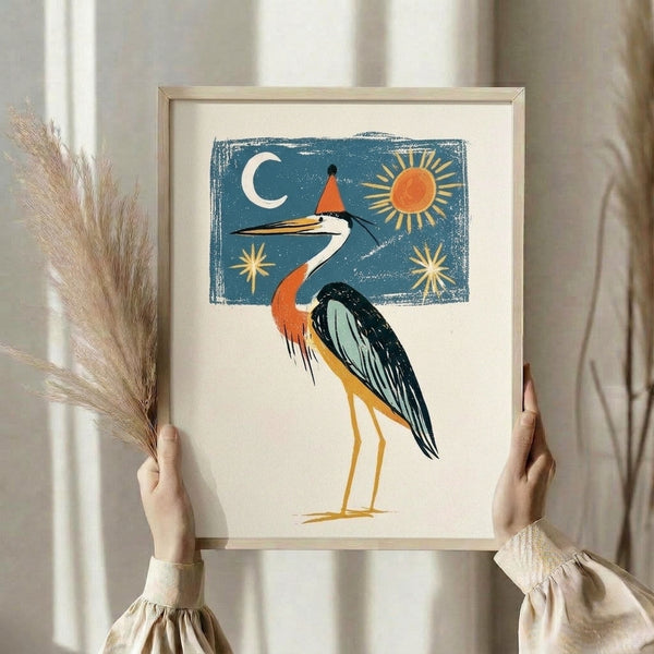 Retro nursery wall art showing a blue heron in festive party attire against a cosmic night scene with sun, moon, and scattered stars in folk art style.