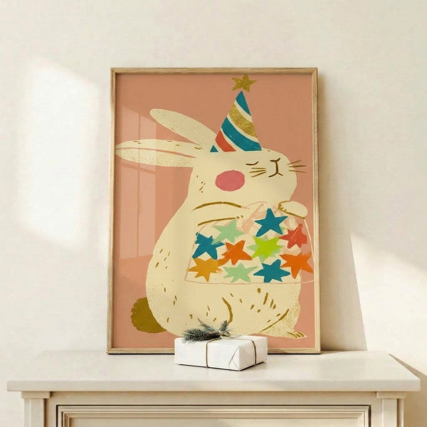 Whimsical minimalist bunny illustration in pastel cream and sage green with coral accents, clutching a star-filled jar, displayed as wall art.