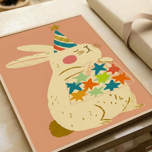 Retro bunny character with party hat and star jar, hand-drawn in a minimal style with warm cream and cool sage green palette, framed on the wall.
