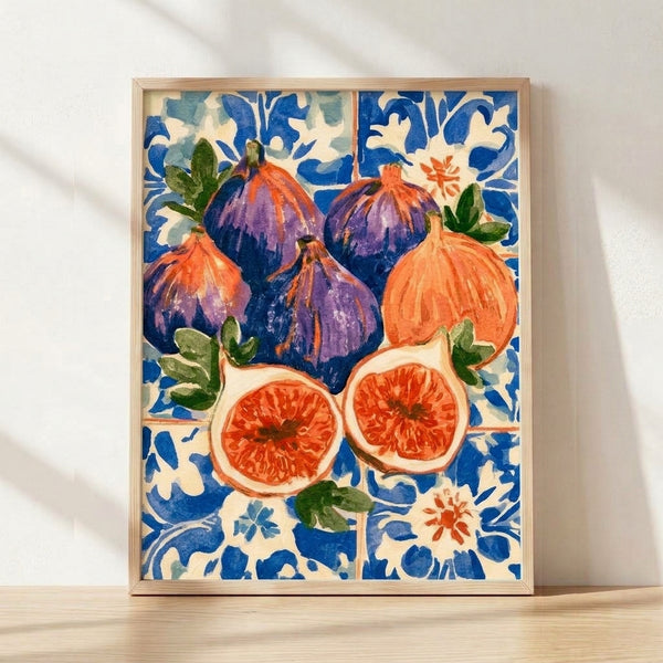 Vibrant watercolor figs with leaves and delicate flowers arranged on a rich cobalt blue background, framed art print with boho aesthetic and warm coral and purple accents.