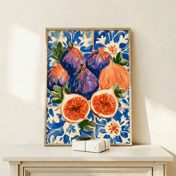 Organic watercolor botanical artwork featuring fresh figs, foliage, and blooms in coral, purple, and sage green tones against deep blue, displayed as a framed print.