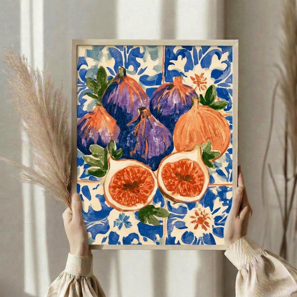 Cheerful Art Nouveau-inspired watercolor composition of ripe figs with botanical elements in warm oranges and soft greens on a striking blue tile-like background, framed wall art.