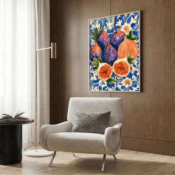 Boho watercolor fruit painting showcasing figs and flowering stems in vibrant corals and purples with sage green leaves set against a rich cobalt blue field, displayed as a framed print.