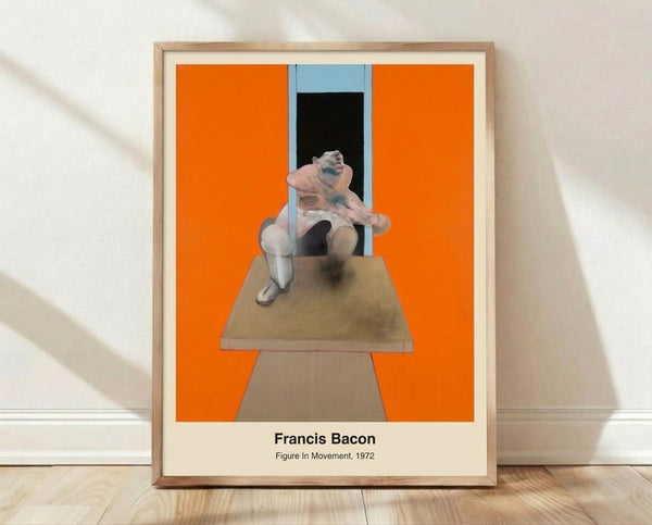 Abstract painting of a distorted human figure in burnt orange and grey tones, framed poster with existential and turbulent mood on gallery wall.