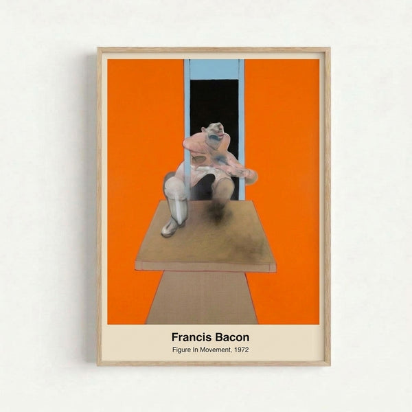 Modern art print depicting a fragmented figure in motion, rendered in black, cream, and burnt orange with melancholic atmosphere.