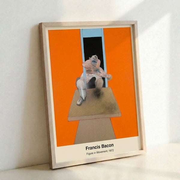 Framed abstract artwork showing a contorted human form against dark grey and cream background, conveying existential unease and movement.