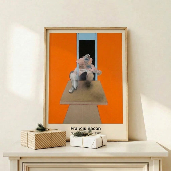 Contemporary abstract poster of a figure in turbulent motion, rendered in burnt orange and black with grey undertones, displaying raw emotional intensity.