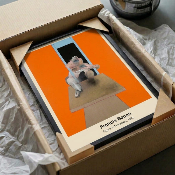 Framed modern art print showing an abstracted human form in dynamic motion, palette of black, cream, and burnt orange evoking turbulent emotion.