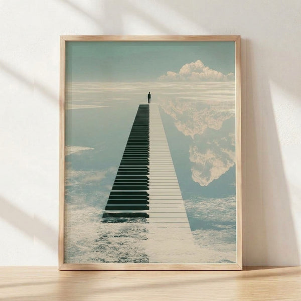 Surreal artwork featuring a solitary figure walking on an enormous piano keyboard boardwalk stretching toward a dreamy horizon where clouds meet water, rendered in soft sage green, cream, and pale blue tones.