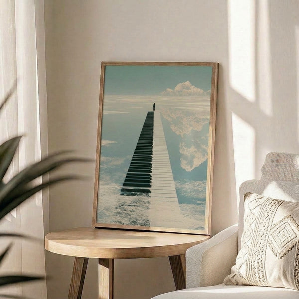 Minimalist surreal print depicting a contemplative figure on a grand piano keys pathway leading into an ethereal cloudscape over water, with muted sage green and charcoal palette creating a meditative mood.