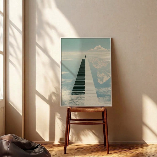 Dreamlike surreal composition of a solitary person traversing an impossible piano keyboard landscape beneath a serene clouded sky, blending minimalist aesthetics with soft cream, pale blue, and sage green hues.