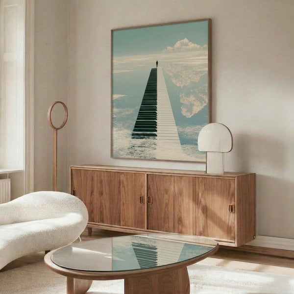 Ethereal modern art print showing a figure walking on piano keys that form a surreal boardwalk toward a tranquil sky and water horizon, evoking introspection through understated sage green, white, and charcoal tones.