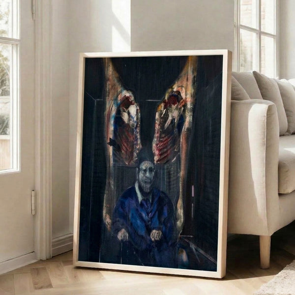 Visceral surreal painting with a fragmented seated figure intertwined with raw carcass elements in grey and brown, evoking psychological unease.