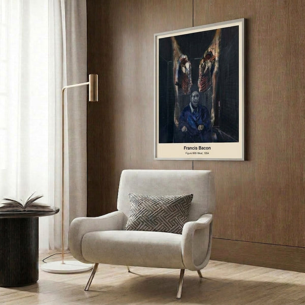 Disturbing abstract artwork presenting an obscured figure amid visceral meat forms in a muted palette of grey, brown, cream, and deep red.