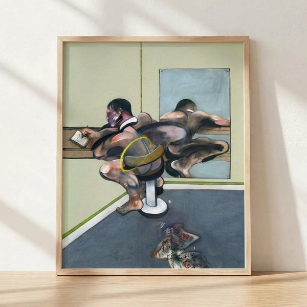 Abstract figure in muted earth tones and grays, depicted writing while viewed through a mirror reflection, framed poster art in contemplative expressionist style.