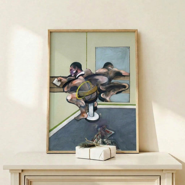 Framed art print of a distorted figure at a desk, mirrored composition in subdued palette of browns and blacks, evoking introspection and psychological depth.