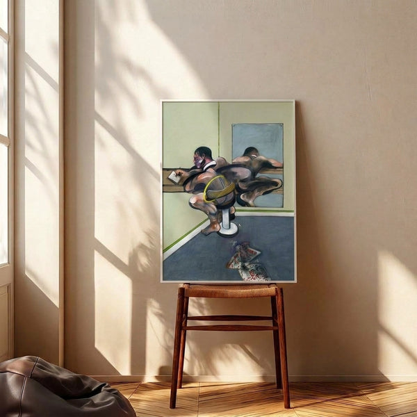 Modern abstract poster showing a seated figure writing, split by mirror reflection, rendered in somber tones with gestural brushwork on a neutral wall.