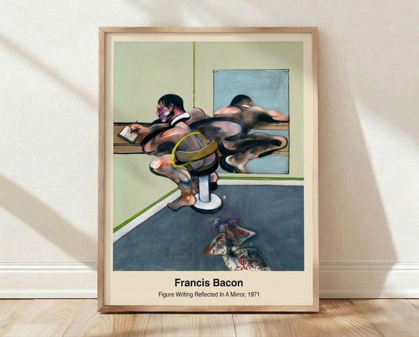 Abstract framed poster depicting a solitary figure gazing into a mirror, rendered in muted ochre, black, and gray tones with surreal distortion; introspective and psychologically contemplative artwork displayed on a wall.