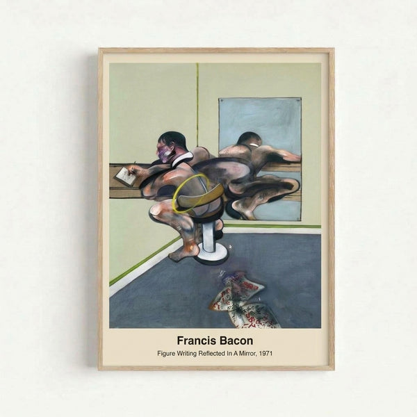 Melancholic abstract painting of a man reflected in mirror glass, featuring gestural brushwork in whites and dark grays with ochre accents; a framed print conveying intimate psychological depth.
