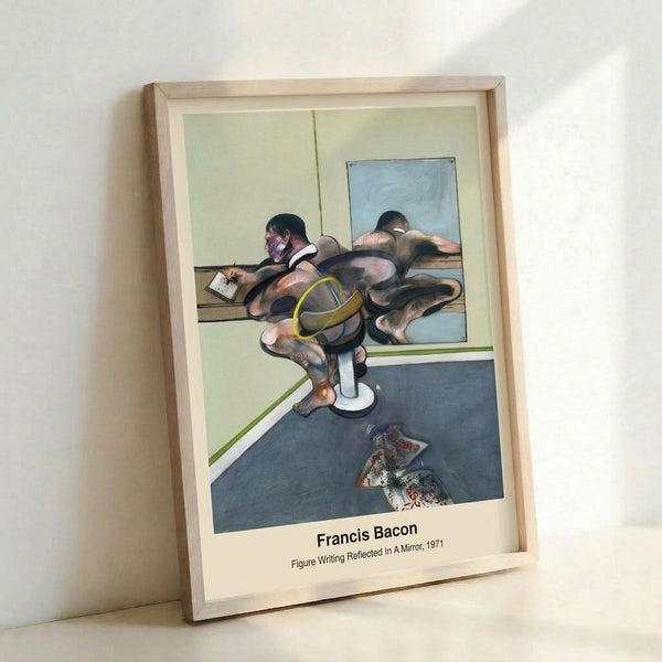 Surreal wall art showing a solitary figure in mirror contemplation, composed in a restrained palette of black, white, and ochre; abstract expressionist style evoking introspection and isolation.
