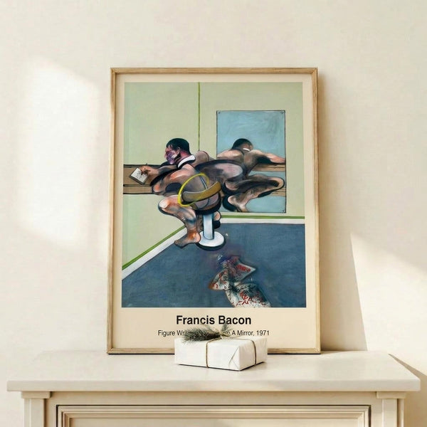 Framed abstract poster with a distorted male figure and its mirror reflection, rendered in somber grays and ochre with expressionist gestural marks; intimate and psychologically probing artwork.
