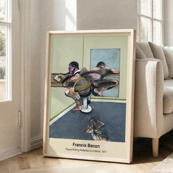 Modern abstract art print depicting a man observing his reflected image in mirror, executed in muted whites, blacks, and ochre; surreal composition with contemplative, melancholic mood.