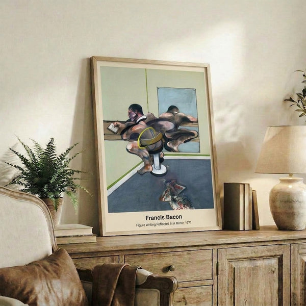 Psychological abstract poster featuring a solitary figure before a mirror, painted in gestural strokes of gray, black, and ochre against white; introspective and existentially charged framed artwork.