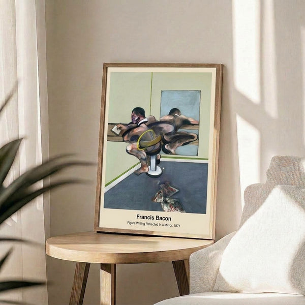 Surreal abstract framed print showing a figure in mirror reflection, characterized by distorted form and a restrained palette of white, ochre, gray, and black; contemplative and deeply intimate.