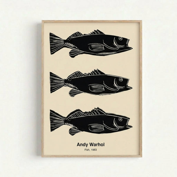 Andy Warhol's 1983 fish artwork in neon lime green, hot pink, and turquoise, displayed as a framed print with playful modern pop art style.