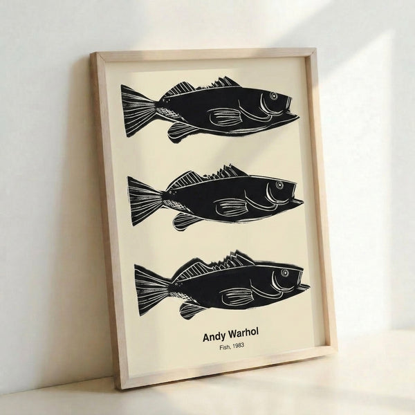 Colorful aquatic-themed pop art print with electric yellow and hot pink fish, contemporary wall art in a bold neon palette.