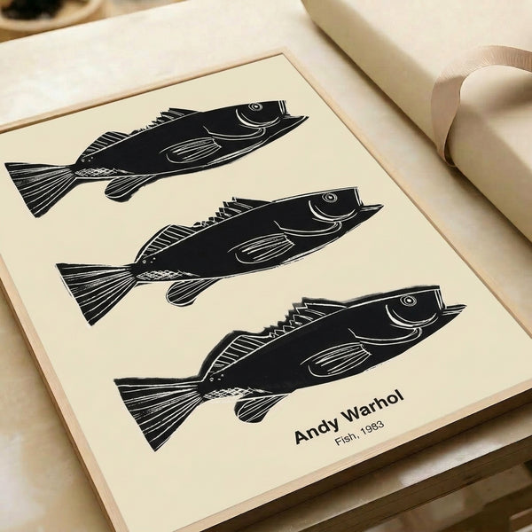 Framed pop art poster of stylized fish in electric bright colors—yellow, turquoise, lime green, and hot pink.