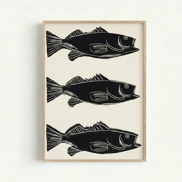 Framed art print with a bold, simplified fish rendered in bright neon hues and graphic shapes, modern pop art aesthetic.