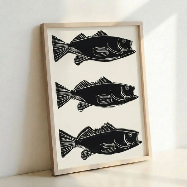 Colorful wall art depicting a fish in flat, high-contrast tones using the distinctive silkscreen style of contemporary pop movements.