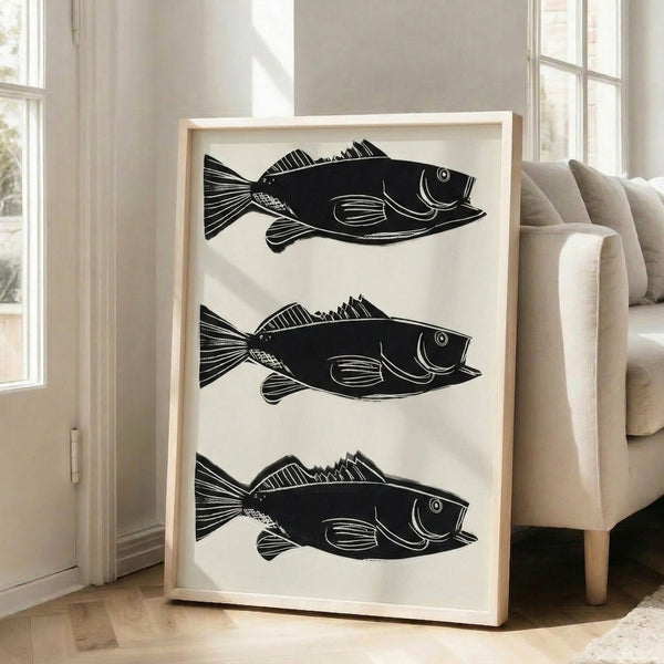 Vibrant poster showcasing an abstract fish composition with saturated colors and minimalist forms in a pop art sensibility.