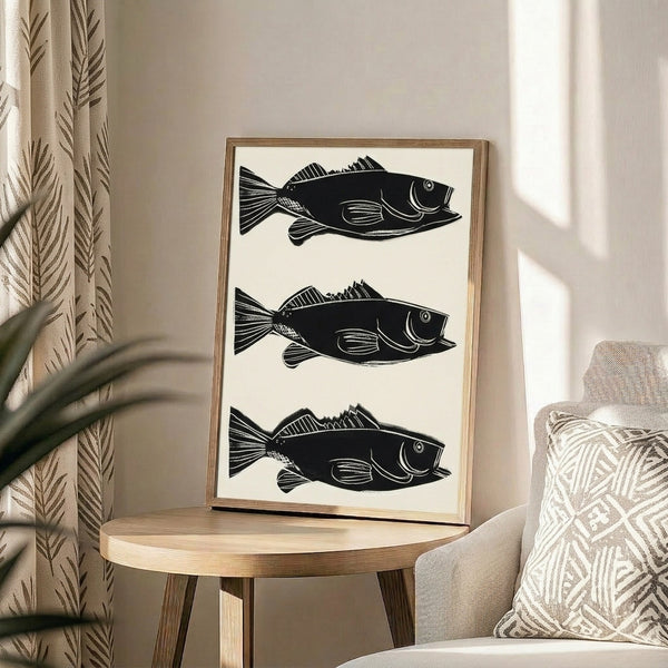 Wall-mounted framed print of a fish in electric, eye-catching colors with bold outlines and flat areas of pigment.