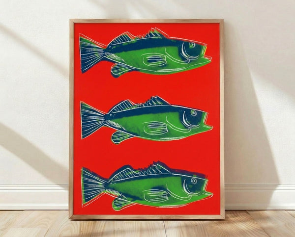 Bold red fish rendered in vibrant pop art style, framed poster art print featuring minimalist design and striking color contrast.
