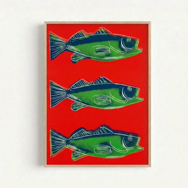 Framed pop art print of a red fish with simplified forms and bright hues, modern wall art in contemporary gallery style.