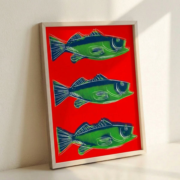 Red fish illustration in pop art aesthetic, framed as a wall poster with flat color planes and graphic artistic treatment.