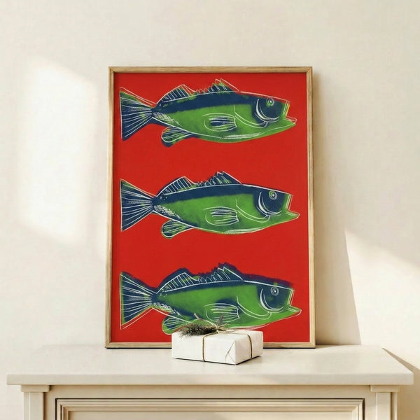 Vibrant pop art fish artwork displayed as framed poster, rendered in bold red tones with minimalist composition.